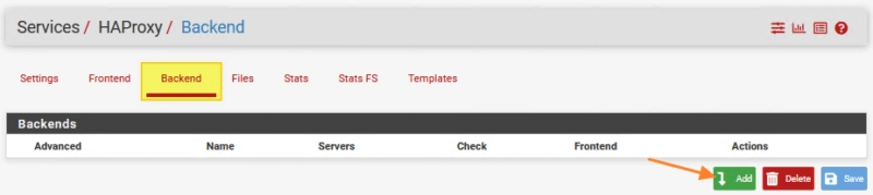 Liste des backends HAProxy avec bouton Add